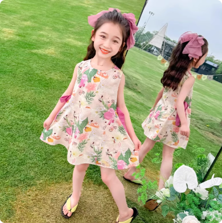 女童纯棉背心连衣裙夏季2025新款儿童无袖沙滩碎花裙子公主裙