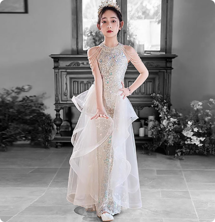 轻奢童装生日公主裙高端女童主持人钢琴演奏演出服