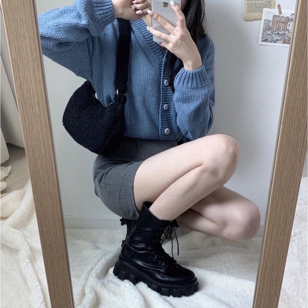 【现货热卖】白色马丁靴女 网红瘦瘦靴 厚底增高 百搭绑带短靴女 超显高显瘦英伦风中筒靴跟高5CM 短筒靴 复古帅气机车靴